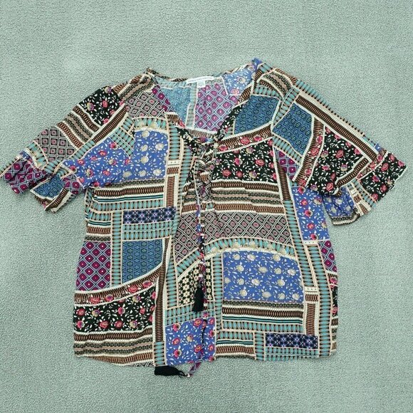 American Eagle Outfitters Tops - American Eagle Boho Blouse Women Medium Blue Black Floral Stripe Short Sleeve